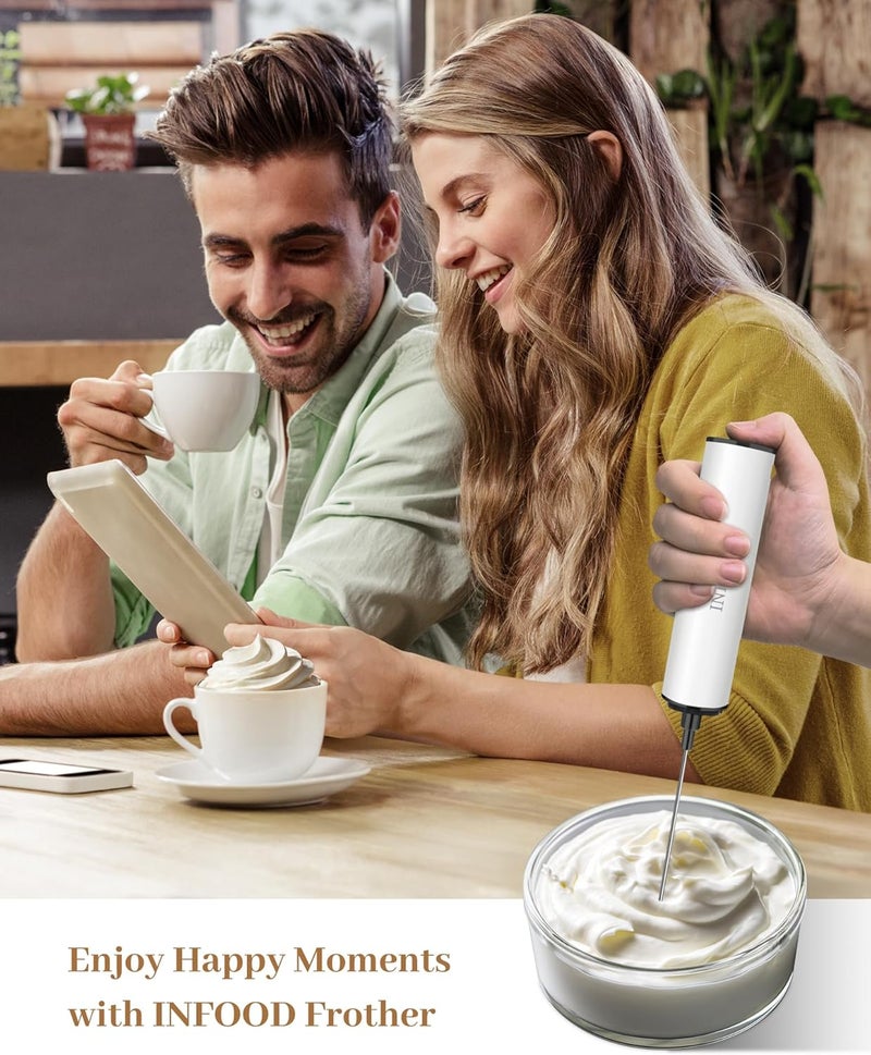 INFOOD Milk Frother Rechargeable with Cover - Coffee Frother Wand, Drink Mixer Handheld with 2 Detachable Stainless Whisks 2 Speed Adjustable for Latte, Cappuccino, Hot Chocolate, Egg, White - Image 4